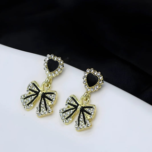 Elegant Korean Heart & Bow Drop Earrings with Pearl Accents