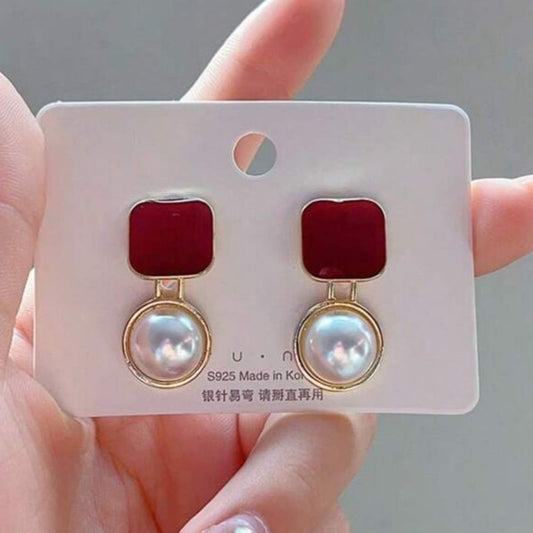 Minimalist Korean Pearl Drop Earrings with Red Square Stud