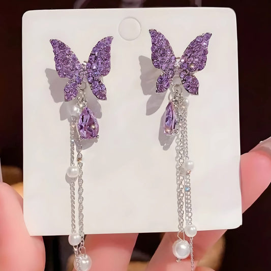 Sparkling Butterfly Drop Earrings with Purple Gemstones and Pearl Chains