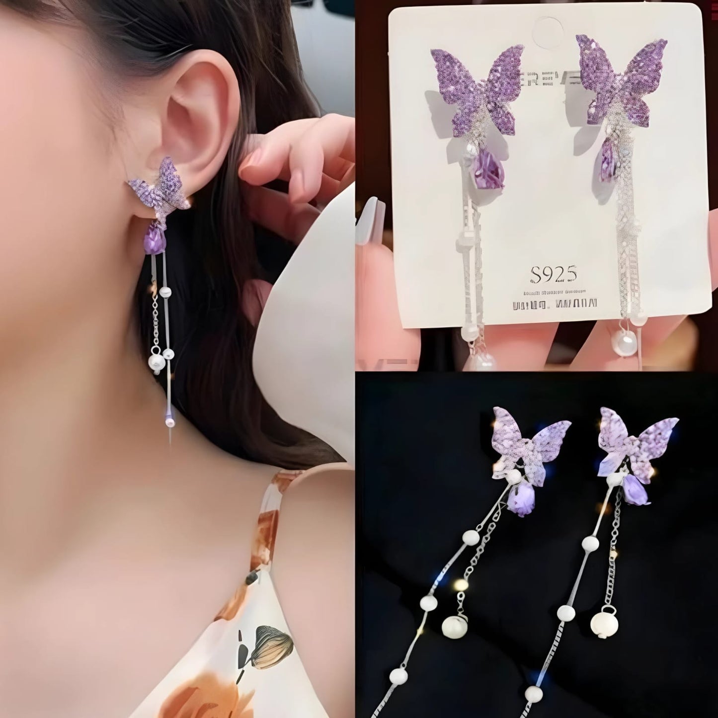 Sparkling Butterfly Drop Earrings with Purple Gemstones and Pearl Chains