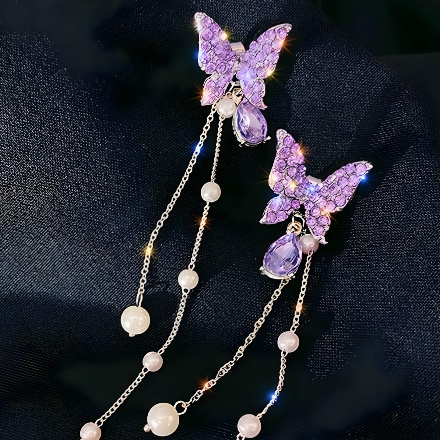 Sparkling Butterfly Drop Earrings with Purple Gemstones and Pearl Chains