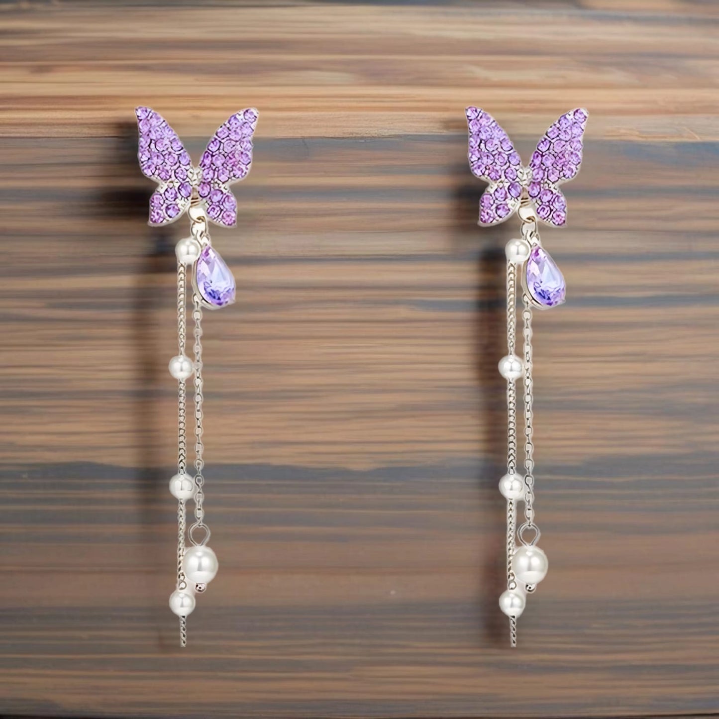 Sparkling Butterfly Drop Earrings with Purple Gemstones and Pearl Chains