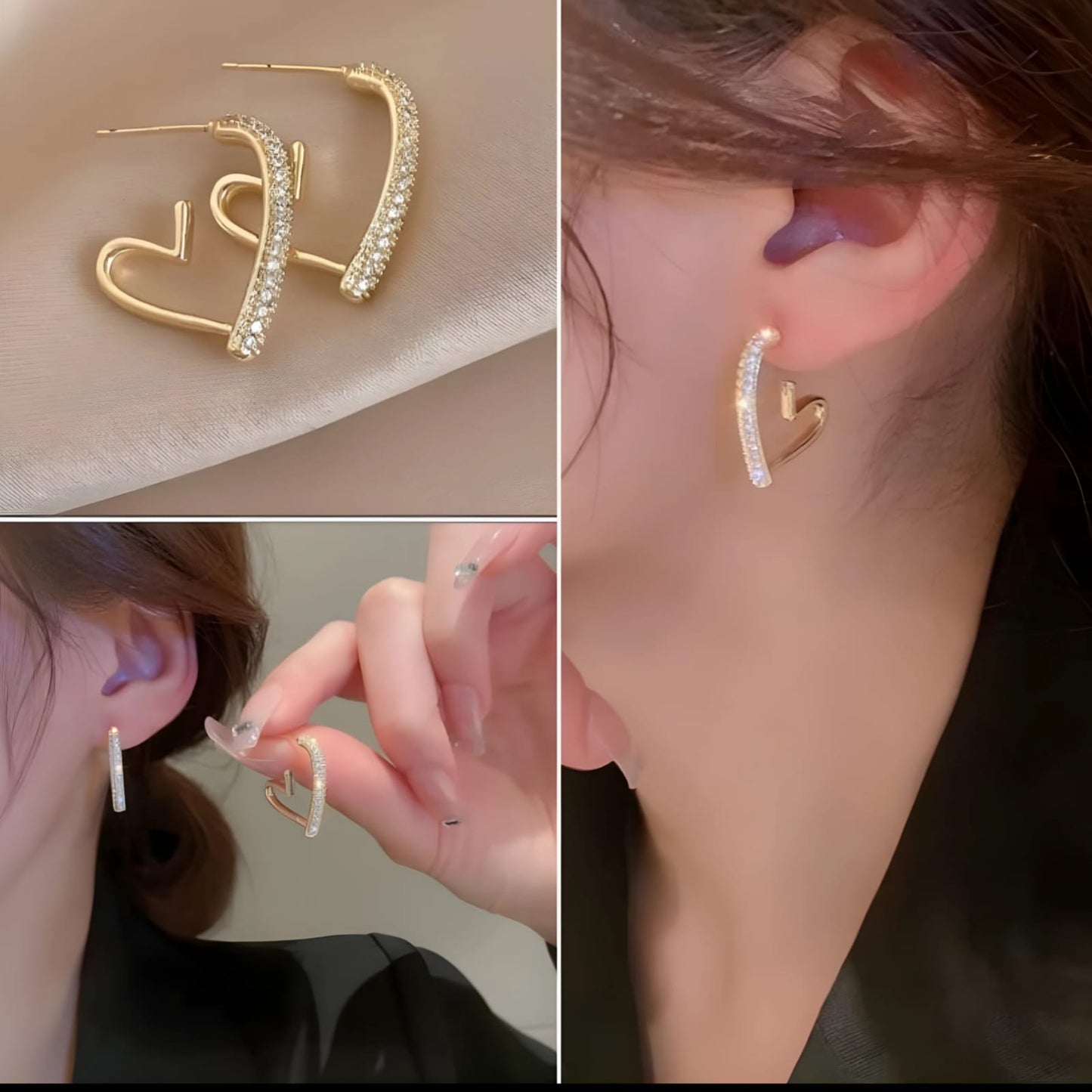 Korean Gold Heart Hoop Earrings with Crystal Accents