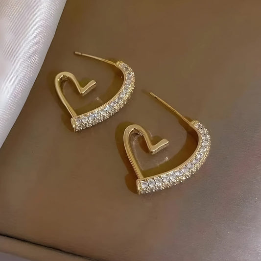 Korean Gold Heart Hoop Earrings with Crystal Accents