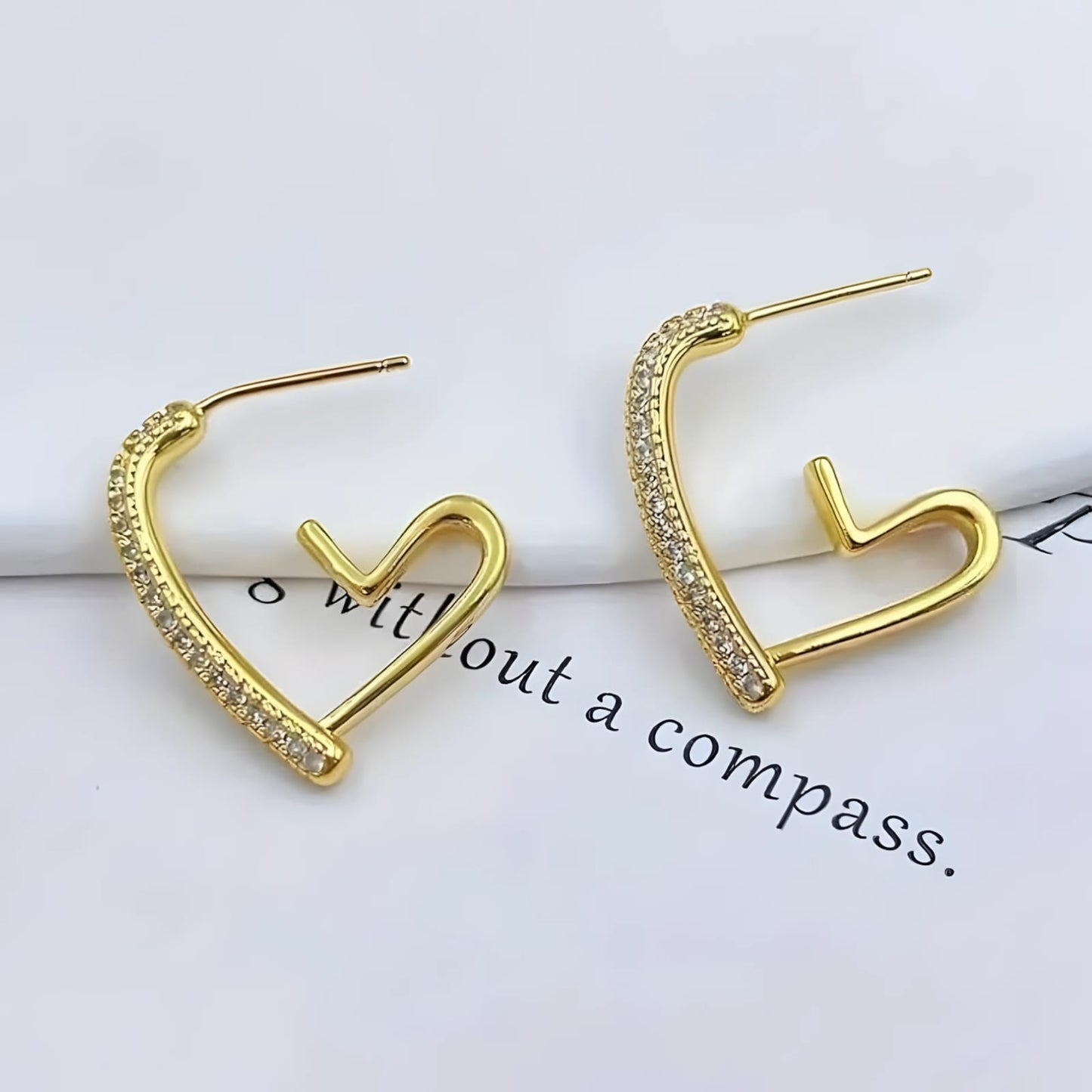 Korean Gold Heart Hoop Earrings with Crystal Accents