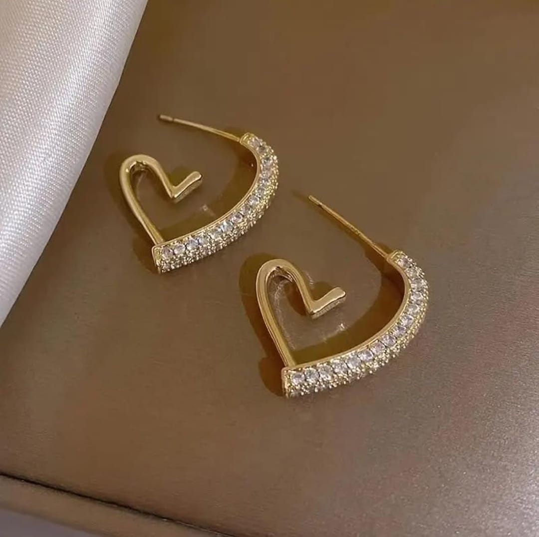 Korean Gold Heart Hoop Earrings with Crystal Accents