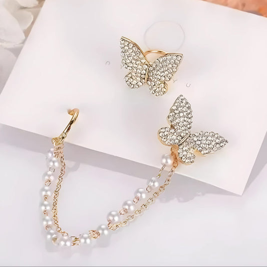 Butterfly Chain Drop Earrings with Pearl Accents